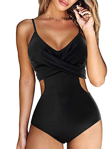 YILEEGOO Damen-Badeanzug, einteilig, Push-Up, hohe Taille, Cutout-Monokini, Bademode, Schwarz , L von YILEEGOO