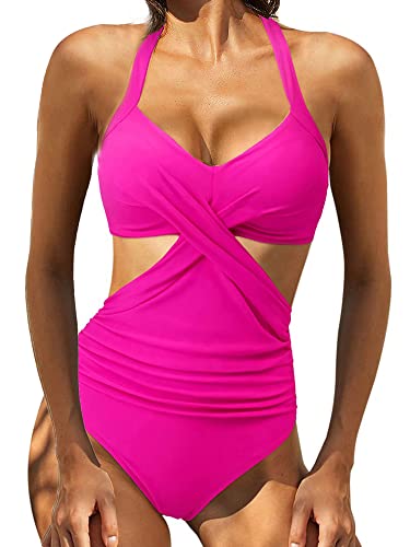 YILEEGOO Frauen Wrap Einteiler Push Up Hohe Taille Badeanzüge Ausschnitt Monokini Bademode, rose, L von YILEEGOO