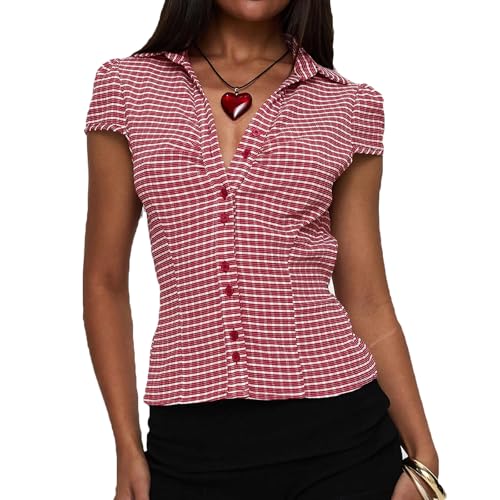 YILEEGOO Damen Basic Button-Down-Shirt, Flügelärmel, Reverskragen, enge Bluse, Schnürung hinten, schmale Passform, Oberteile, Sommer, Bürohemd, kariert rot, XL YILEEGOO Damen Basic Button-Down-Shirt, Flügelärmel, Reverskragen, enge Bluse, Schnürung hinten, schmale Passform, Oberteile, Sommer, Bürohemd, kariert rot, XL von YILEEGOO