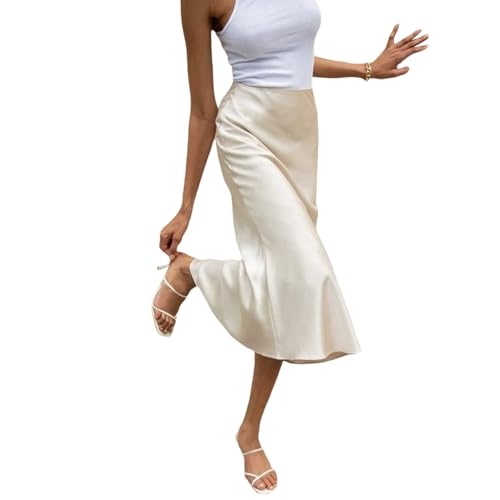 YILEEGOO Damen Casual Satin Langer Rock Midi Röcke Hohe Taille Seidiger Rock A-Linie Rock Casual Elegant A-Linie Rock, weiß, M von YILEEGOO