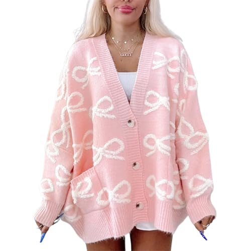 YILEEGOO Damen Casual Schleife Muster Knopf Cardigan Sweater Lose Langarm V-Ausschnitt Sweater Oberbekleidung mit Taschen, rose, M von YILEEGOO