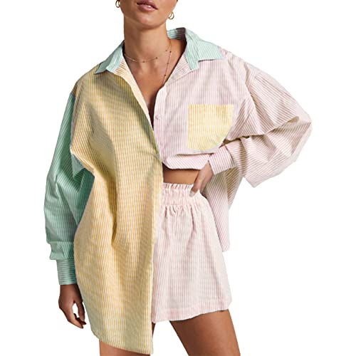 YILEEGOO Damen Casual Zweiteilige Outfits Revers Kragen Halbe Ärmel Button Down Bluse Shirt Tops Weites Bein Shorts Set Loungewear Streetwear Anzüge, D-gelb, Small von YILEEGOO