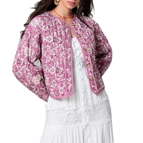 YILEEGOO Damen Cropped Floral Steppjacke Cardigan Leichte Boho Print Knopfleiste Gepolstert Puffer Mantel Herbst Winter, B-Rosa, S von YILEEGOO