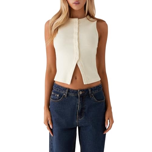 YILEEGOO Damen Front Button Tank Tops Casual Sommer Crop Tops Ärmellos Shirt Basic Weste Aesthetic Weste Tops Streetwear, beige, S von YILEEGOO