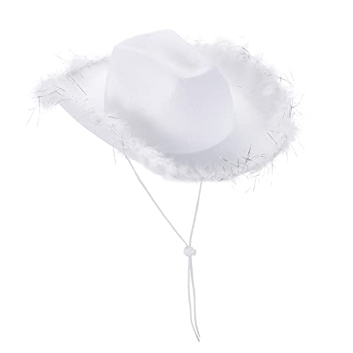 YILEEGOO Damen Halloween Cowgirl Hut Cowboyhüte Flauschige Feder Krempe Cowboyhut für Junggesellinnenabschied, Kostümparty, Play Dress Up (W3 Weiß, Einheitsgröße) von YILEEGOO