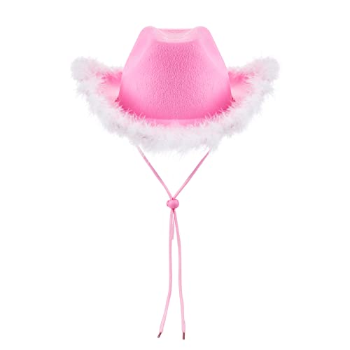 YILEEGOO Damen Halloween Cowgirl Hut Cowboyhüte Flauschige Feder Krempe Cowboyhut für Junggesellinnenabschied, Kostümparty, Play Dress Up (W4 Rosa, Einheitsgröße) von YILEEGOO