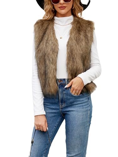 YILEEGOO Damen Kunstpelz Weste Fuzzy Ärmellos Open Front Outwear Winter Warm Kurze Flauschige Weste Jacke Mantel (Gelb, M), gelb, M von YILEEGOO