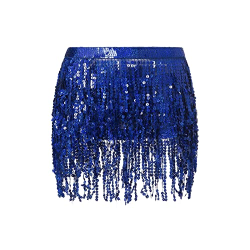 YILEEGOO Damen Minirock mit Pailletten Glitzer Quasten Röcke Rock für Rave Bauchtanz Schal Rave Party Festival Outfit Kostüm, A-royal blau, Einheitsgröße von YILEEGOO