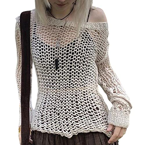 YILEEGOO Damen-Netz-Top, gestrickte Bluse für Damen, gebrochenes weiß, Small von YILEEGOO
