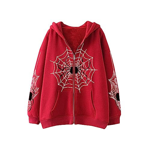 YILEEGOO Damen Oversized Y2K Zip Up Halloween Hoodies Jacke Langarm Grafik Spinnendruck Kapuzenjacken mit Taschen Punk Grunge Goth Harajuku Sweatshirt Streetwear, rot, 36 von YILEEGOO