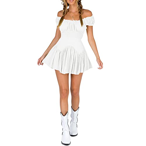 YILEEGOO Damenkleid mit Puffärmeln, schulterfrei, Minikleid, quadratischer Ausschnitt, gerüscht, A-Linie, fließendes Swing, kurzes Kleid, gesmoktes Sommerkleid, süßes französisches Kleid, D-weiß, S von YILEEGOO