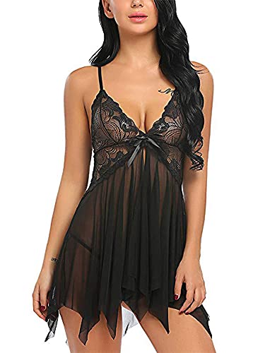 YILEEGOO Damen Sexy Spitze Dessous Set Frontverschluss Spaghettiträger Kleid Sexy Babydoll V-Ausschnitt Nachtwäsche Brautnachthemd Dessous, Schwarz , 42 von YILEEGOO