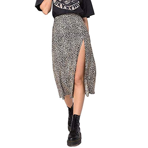 YILEEGOO Damen Sexy Split Rock Casual Leopard Print Split A Line Midi Rock Hohe Taille Elastischer Wickelrock, braun, 40 von YILEEGOO