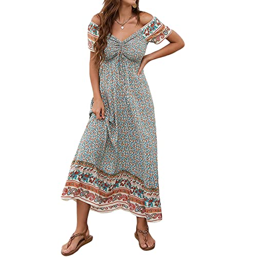 YILEEGOO Damen Sommer Bohemian Kleid Kurzarm Plissee Brust Blumendruck Boho Kleid für Strand Party Urlaub, braun blau, L von YILEEGOO