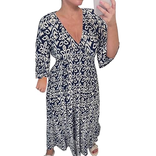 YILEEGOO Damen Sommer Bohemian Midikleid Blumendruck Halbarm V-Ausschnitt Elastische Taille Lose Strandkleid, marineblau, Medium von YILEEGOO