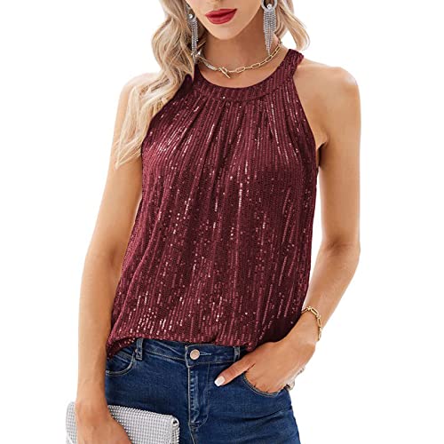 YILEEGOO Damen Sommer Glitzer Pailletten Tops Weste Neckholder Top Slim Fit Ärmellos Camisole Tank Tops Club Streetwear Weste Tops Shirt, Weinrote Weste, XL von YILEEGOO