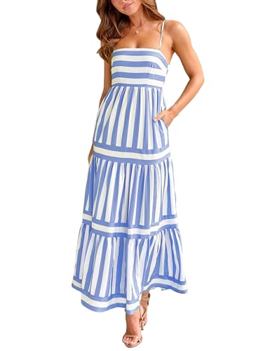 YILEEGOO Damen Sommer Streifen Print Langes Maxikleid Damen Ärmellos Casual Sommerkleid Langes Wickelkleid mit Taschen, hellblau, L von YILEEGOO
