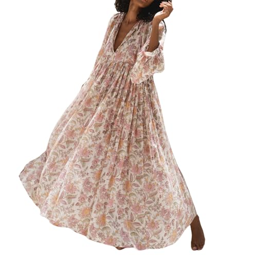 YILEEGOO Damen-Sommerkleid mit halben Ärmeln, Boho-Kleid, Schnürung vorne, Vintage-Blumendruck, gestufter Rüschensaum, lässig, locker, fließendes Maxikleid, elfenbeinweiß, L von YILEEGOO