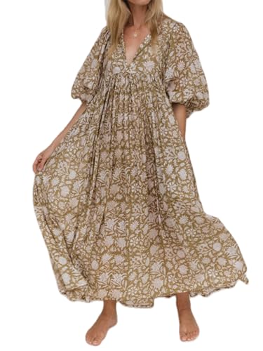 YILEEGOO Damen-Sommerkleid mit halben Ärmeln, Boho-Kleid, Schnürung vorne, Vintage-Blumendruck, gestufter Rüschensaum, lässig, locker, fließendes Maxikleid, grün, L von YILEEGOO