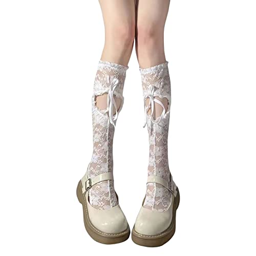 YILEEGOO Damen Spitzen-Schlauchsocken, Gothic-Kniestrümpfe mit Kordelzug, vorne, Weiß (1), One size von YILEEGOO