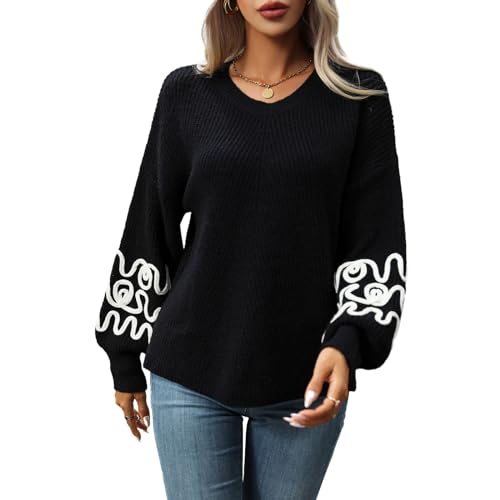 YILEEGOO Damen Strickpullover Langarm Rundhalsausschnitt Abstrakte Linien Lose Pullover Warm Pullover für Herbst Winter, Schwarz , XL von YILEEGOO