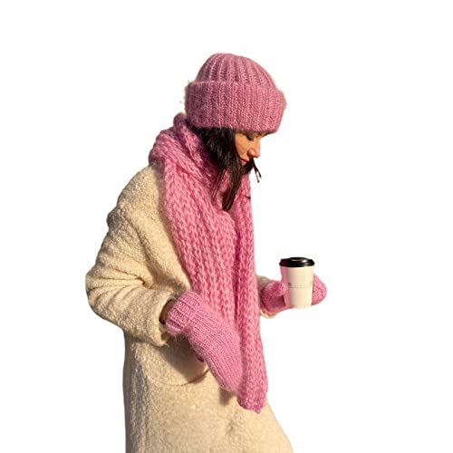 YILEEGOO Damen Strickschal Mütze Handschuhe Sets, Winter Beanie Mütze Langer Schal Winddicht Strickhandschuhe Warm Geschenkset für Outdoor Kaltes Wetter, rose, Einheitsgröße von YILEEGOO