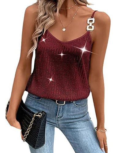 YILEEGOO Damen-Tanktop mit Pailletten, glitzernd, ärmellos, Tank-Top, Kettenriemen, schimmernd, Cami-Weste, Hemd, Club, Streetwear, W1 Weinrot, X-Large von YILEEGOO