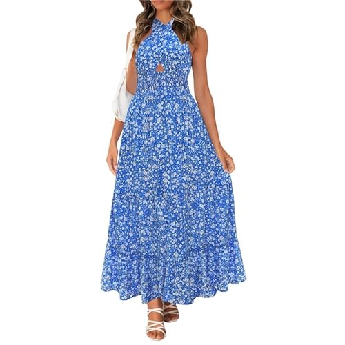 YILEEGOO Damen Tie Up Halfter Kleid Blumendruck Ausschnitt Ärmellos Rüschen Bobo Lang Maxikleid Strandkleidung Kleid, blau (1), Medium von YILEEGOO