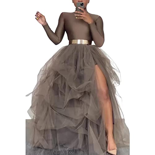 YILEEGOO Damen Tüll Tutu Lange Röcke Hochzeit Party Cocktail Abschlussball Bandage Mesh Kleid Overlay Langer Brautrock, A-Light braun, Einheitsgröße von YILEEGOO