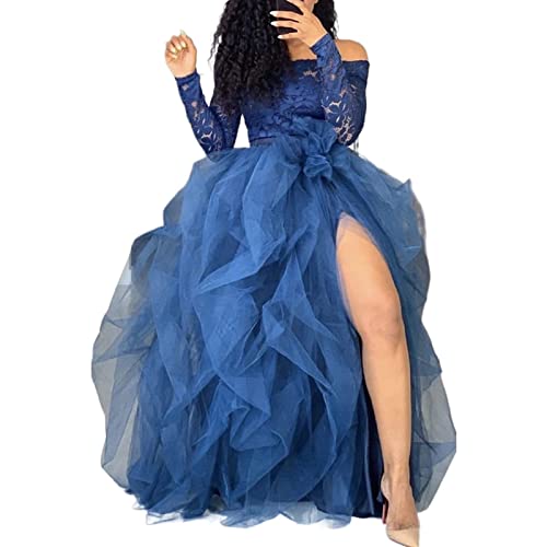 YILEEGOO Damen Tüll Tutu Lange Röcke Hochzeit Party Cocktail Abschlussball Bandage Mesh Kleid Overlay Langer Brautrock, A-Marineblau, Einheitsgröße von YILEEGOO