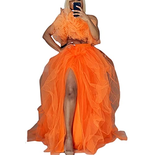 YILEEGOO Damen Tüll Tutu Lange Röcke Hochzeit Party Cocktail Abschlussball Bandage Mesh Kleid Overlay Langer Brautrock, A-Orange, Einheitsgröße von YILEEGOO