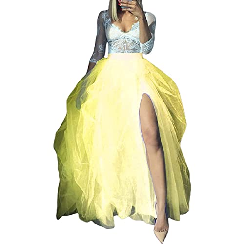 YILEEGOO Damen Tüll Tutu Lange Röcke Hochzeit Party Cocktail Abschlussball Bandage Mesh Kleid Overlay Langer Brautrock, A-gelb, Einheitsgröße von YILEEGOO