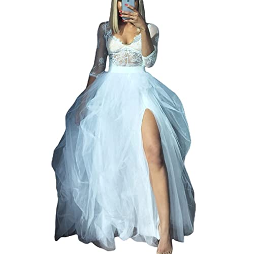 YILEEGOO Damen Tüll Tutu Lange Röcke Hochzeit Party Cocktail Prom Bandage Mesh Kleid Overskirt Overlay Langer Brautrock, A-weiß, Einheitsgröße von YILEEGOO