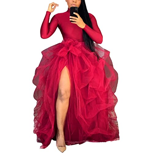 YILEEGOO Damen Tüll Tutu Lange Röcke Hochzeit Party Cocktail Prom Bandage Mesh Kleid Overskirt Overlay Langer Brautrock, rot (a), Einheitsgröße von YILEEGOO