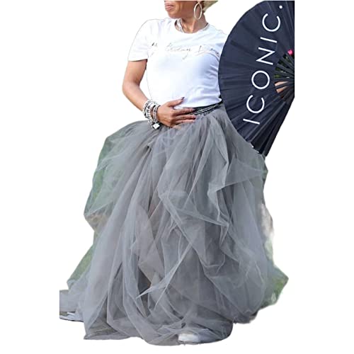 YILEEGOO Damen Tüll Tutu Lange Röcke Hochzeit Party Cocktail Prom Bandage Mesh Kleid Overskirt Overlay Langer Brautrock, A-grau, Einheitsgröße von YILEEGOO