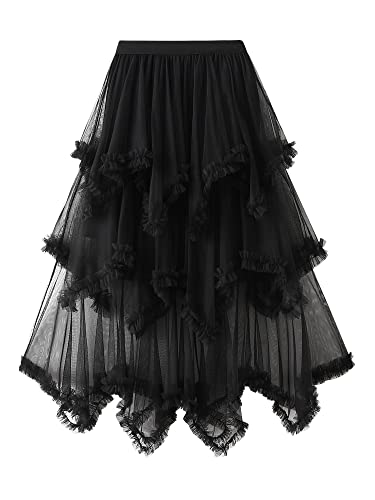 YILEEGOO Damen Tüllrock Hohe Taille Stufenrock Netzstoff Ballett Abschlussball Party Tüll Tutu A-Linie Midi Rock, Y-schwarz, Einheitsgröße von YILEEGOO