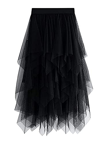 YILEEGOO Damen Tüllrock Hohe Taille gestufte Mesh Ballett Prom Party Tüll Tutu A-Linie Midi Rock, Schwarz , Einheitsgröße von YILEEGOO