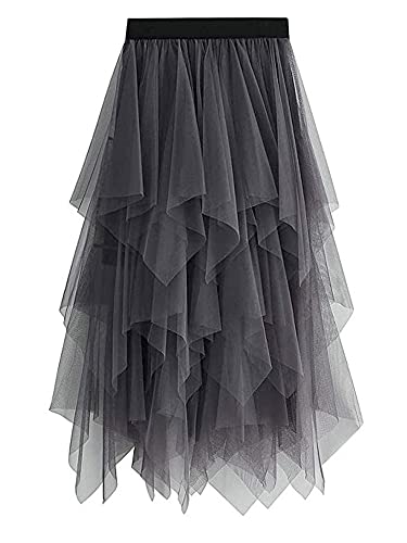 YILEEGOO Damen Tüllrock Hohe Taille gestufte Mesh Ballett Prom Party Tüll Tutu A-Linie Midi Rock, grau, Einheitsgröße von YILEEGOO