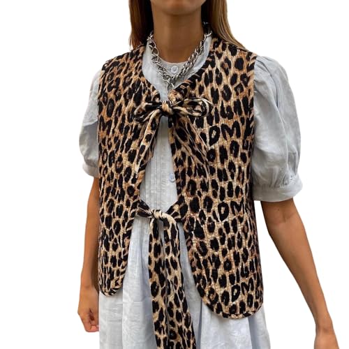 YILEEGOO Damen Vintage Leopard Print Weste Ärmellos V-Ausschnitt Bowknot Front Weste Y2k Casual Gepard Print Jacke Cardigan, dunkelbraun, M von YILEEGOO