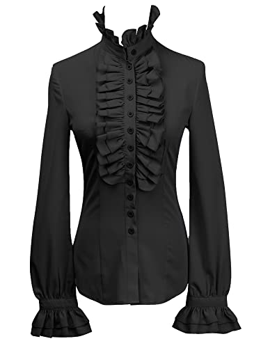 YILEEGOO Viktorianische Vintage-Hemden für Damen, Knopfleiste, Stehkragen, Rüschen, Gothic-Blusen, Retro, ausgestellte Ärmel, Schwarz , Small von YILEEGOO