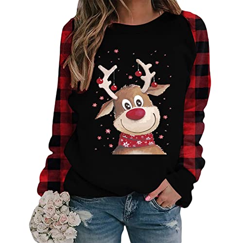 YILEEGOO Damen-Weihnachts-Sweatshirt, lässiger Alltag, langärmelig, Rundhalsausschnitt, Weihnachtsmann, Elch-Druck, Pullover, Red Black Elk 2, 38 von YILEEGOO