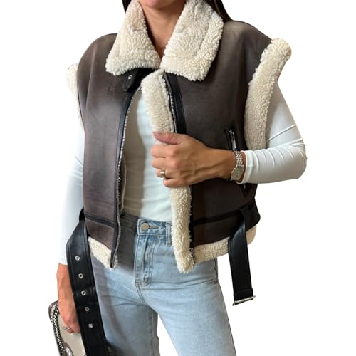 YILEEGOO Damen Winter Warm Wildleder Sherpa Leder Weste Jacke Reißverschluss Ärmellos Lammwolle Pelzmantel mit Taschen, Schwarz , S von YILEEGOO