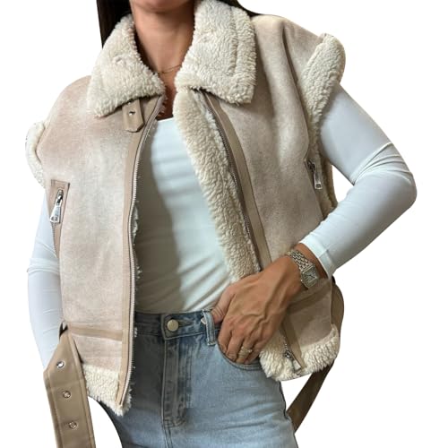 YILEEGOO Damen Winter Warm Wildleder Sherpa Leder Weste Jacke Reißverschluss Ärmellos Lammwolle Pelzmantel mit Taschen, beige, M von YILEEGOO