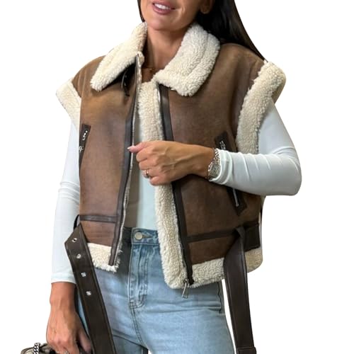 YILEEGOO Damen Winter Warm Wildleder Sherpa Leder Weste Jacke Reißverschluss Ärmellos Lammwolle Pelzmantel mit Taschen, braun, S von YILEEGOO