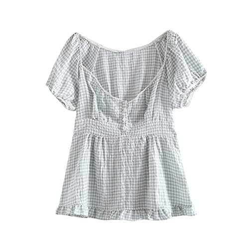 YILEEGOO Damen Y2k Fairy Grunge Shirts Quadratischer Ausschnitt Kurzarm Spitze Patchwork Crop Top Vintage Ästhetische Kleidung, check, S von YILEEGOO