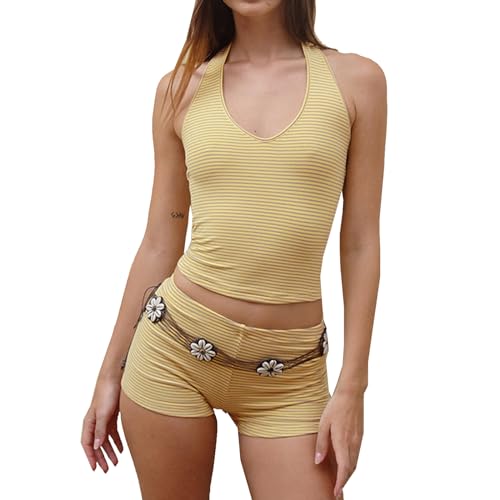 YILEEGOO Damen Y2k Trainingsanzug Gestreifte Shorts Set Neckholder Slim Fit Tank Top und Shorts 2 Stück Sport Outfits, gelb, 38 von YILEEGOO