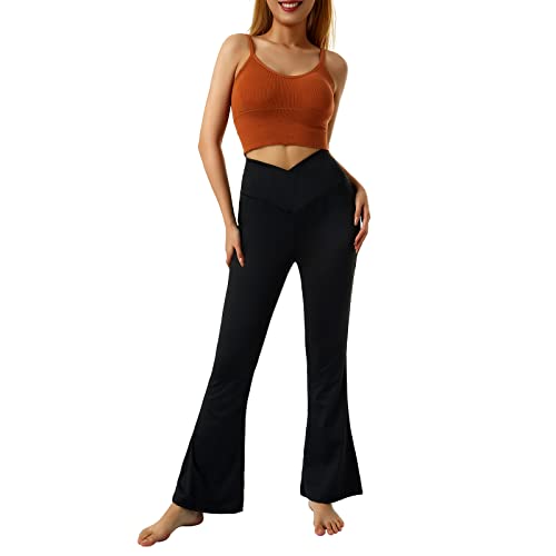 YILEEGOO Damen-Yogahose mit gekreuzter Taille, einfarbig/bunt, bedruckt, Bauchkontrolle, hohe Taille, Skinny, ausgestellt, Workout-Hose, Schwarz , S von YILEEGOO