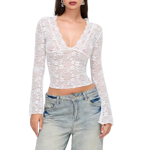 YILEEGOO Damenmode Crop Tops Lange ausgestellte Ärmel V-Ausschnitt Sheer Spitze Floral Slim T-Shirt, weiß, M von YILEEGOO