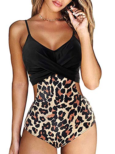 YILEEGOO Frauen Wrap Einteiler Push Up Hohe Taille Badeanzüge Ausschnitt Monokini Bademode, leopard, M von YILEEGOO