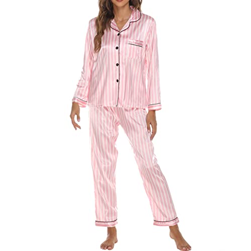 YILEEGOO Frauen 2pcs Satin Pyjama Set Langarm Knopf Hemd und Casual Lose Elastische Hose Nachtwäsche Set Loungewear Anzug, rosa streifen, 38 von YILEEGOO